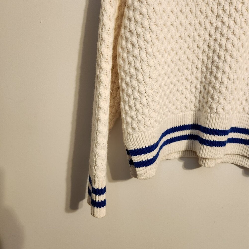 Madewell | Women's White Crewneck Knit Sweater w/ Blue Striped Trim (Size Large) - Picture 6 of 14